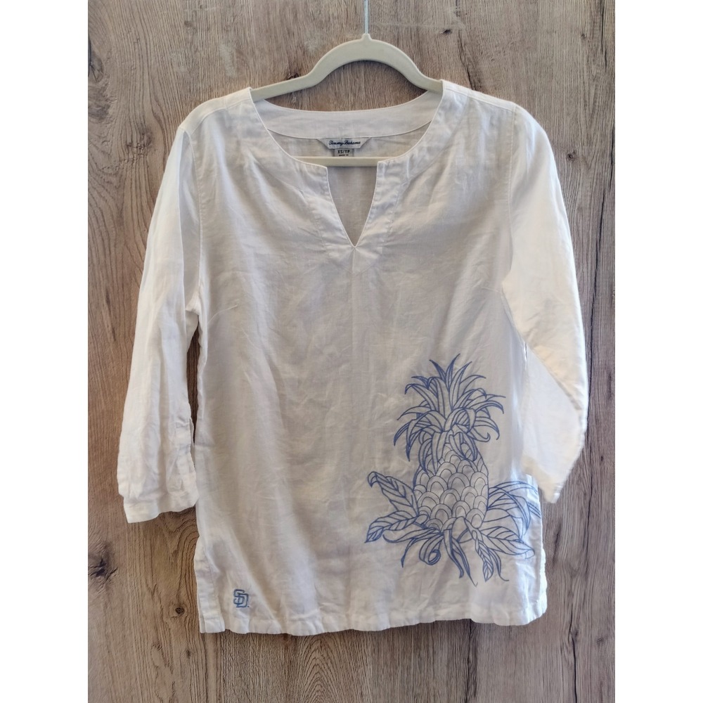 Tommy Bahama Womens XS Embroidered Pineapple Linen‎ Tunic Top White Blue Coastal